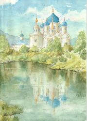  architecture blue_sky building clouds commentary_request day highres no_humans original outdoors painting_(medium) paruperu pond reflection reflective_water scenery sky traditional_media tree watercolor_(medium) 