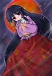 black_hair blush full_moon hands_in_sleeves houraisan_kaguya japanese_clothes long_skirt looking_at_viewer moon red_eyes red_moon skirt smile solo touhou wide_sleeves