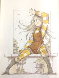  1girl arm_above_head arm_up bench black_boots blonde_hair boots brown_eyes brown_overalls closed_mouth commentary full_body gingham gingham_legwear highres legs_apart long_hair looking_to_the_side on_bench open_hand original outdoors overall_skirt overalls peter_salt shirt sitting smile solo striped_clothes striped_shirt thigh-highs traditional_media tree turning_head yellow_shirt yellow_thighhighs 