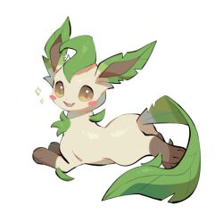  animal_focus blush blush_stickers brown_eyes brown_sclera colored_sclera fang full_body green_fur leaf leafeon looking_at_viewer no_humans open_mouth pokemon pokemon_(creature) pokemon_focus simple_background skin_fang smile solo white_background yellow_fur yumeminoideyu2 