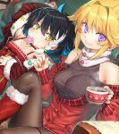  2girls arm_up bangs black_hair black_legwear black_shirt blonde_hair blue_hair boots braid christmas closed_mouth clothing_cutout colored_inner_hair commentary_request cookie cup dress dutch_angle food fur-trimmed_jacket fur_trim hair_intakes highres holding holding_cup jacket knee_up long_sleeves looking_at_viewer lying miniskirt mitake_eil mouth_hold multicolored_hair multiple_girls off_shoulder on_back original pantyhose red_dress red_footwear red_jacket red_skirt ribbed_shirt santa_boots shirt short_hair shoulder_cutout side_braid sidelocks sitting skirt smile spaghetti_strap steam teacup thigh_strap violet_eyes white_hair yellow_eyes 