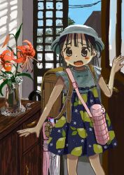  1girl absurdres backpack bag black_hair blush_stickers brown_bag child day flower food food_print fruit fruit_print hat high-waist_skirt highres hot lily_(flower) lime_(fruit) nyachi_piyo open_door open_mouth original randoseru red_flower shirt_tucked_in skirt solo sweat thermos two_side_up umbrella vase 