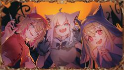  3girls absurdres ahoge animal_ear_fluff animal_ears aqua_eyes blonde_hair blue_eyes blue_hair blush dog_ears dog_girl fox_ears fox_girl fuwawa_abyssgard hair_between_eyes hair_ornament halloween halloween_costume hat highres hololive hololive_english hyde_(tabakko) long_hair looking_at_viewer mococo_abyssgard multicolored_hair multiple_girls needle nun nurse nurse_cap open_mouth pink_eyes pink_hair shirakami_fubuki short_hair siblings sisters streaked_hair twins virtual_youtuber werewolf werewolf_costume white_hair x_hair_ornament 