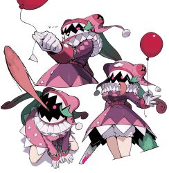  1girl absurdres balloon belt blood bloomers buckle chameleon_girl chameleon_tail clown commentary cropped_legs dress face_in_shadow gloves glowing glowing_eyes green_hair hat highres holding holding_balloon holding_saw long_tongue monster_girl multicolored_dress neck_ruff original pink_blood pink_dress pink_eyes pom_pom_(clothes) purple_dress ringed_eyes saliva simple_background solo star_(symbol) star_print symbol-only_commentary tail tongue tongue_out white_background white_bloomers white_gloves zizi_niisan 
