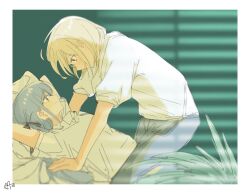  2girls bang_dream! bang_dream!_it&#039;s_mygo!!!!! blonde_hair blue_hair border commentary eye_contact haidao_mao highres long_hair looking_at_another medium_hair meme misumi_uika multiple_girls shirt short_sleeves symbol-only_commentary togawa_sakiko white_border white_shirt yellow_eyes yukadon yuri 