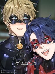  2boys :d animal_ear_hairband animal_ears artist_name beetle_bun bell black_bodysuit black_gloves black_hair blonde_hair blue_eyes blush bodysuit cat_ear_hairband cat_ears chat_noir closed_mouth domino_mask embarrassed english_text eye_mask fake_animal_ears flat_chest frown gepard_landau gloves green_eyes hairband highres honkai:_star_rail honkai_(series) implied_yaoi ladybug_(miraculous_ladybug) latex latex_bodysuit male_focus mask medium_hair multiple_boys neck_bell open_mouth paid_reward_available patreon_logo patreon_username portrait red_bodysuit sampo_koski simple_background smile twitter_logo twitter_username 