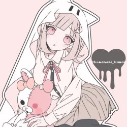  1girl artist_name breasts brown_hair collared_shirt danganronpa_(series) danganronpa_2:_goodbye_despair doll flipped_hair ghost_costume hair_ornament komanami_kawaii long_sleeves looking_at_viewer medium_hair monomi_(danganronpa) nanami_chiaki neck_ribbon no_jacket pink_eyes pink_ribbon ribbon shirt skirt stuffed_animal stuffed_rabbit stuffed_toy thigh-highs two-tone_shirt veil white_shirt 