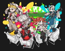  1girl 3boys black_boots black_leg_warmers blonde_hair boots enjin_(gachiakuta) folded_ponytail gachiakuta grey_hair grey_jacket grey_pants grin highres holding holding_umbrella holding_weapon inkling jacket knee_up leg_warmers long_hair majin_3699 multiple_boys paint_roller pants pointy_ears riyo_reaper rudo_surebrec sitting smile splat_brella_(splatoon) splatoon_(series) squatting tentacle_hair umbrella weapon zanka_nijiku 