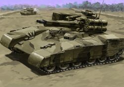  blue_sky camouflage caterpillar_tracks highres military military_vehicle motor_vehicle no_humans original outdoors science_fiction sky tank tank_turret tyokugekidato woodland_camouflage 