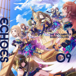  album_cover asakura_toru bare_shoulders bird black_hair blue_shoes blue_sky closed_eyes clouds cover dove dress gradient_clothes gradient_dress high_heels idolmaster idolmaster_shiny_colors ikaruga_luca komiya_kaho multicolored_hair multiple_girls nanakusa_nichika official_art open_mouth orange_socks osaki_amana sakuragi_mano serizawa_asahi ship shoes sky socks tsukioka_kogane watercraft 