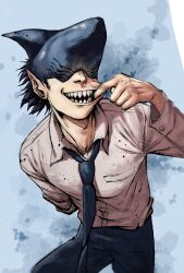  1boy absurdres beam_(chainsaw_man) black_hair blue_necktie buttons chainsaw_man collared_shirt highres male_focus mouth_pull necktie open_mouth pedro_renji pocket pointy_ears shark_boy shark_fin shark_head sharp_teeth shirt short_hair sideburns solo teeth white_shirt 