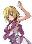  arm_up armpits belt blonde_hair blush breasts cleavage dressing gundam gundam_seed gundam_seed_destiny jacket military military_uniform no_bra pumpkin_kingdom purple_eyes short_hair sketch solo stellar_loussier uniform 