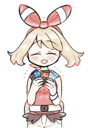  akicorn24 altaria bike_shorts bike_shorts_under_shorts blaziken brown_hair card closed_eyes gyarados hairband highres holding holding_card may_(pokemon) mega_altaria mega_blaziken mega_gyarados mega_ring open_mouth pokemon pokemon_oras pokemon_tcg pokemon_tcg_pocket red_hairband red_shirt shirt shorts smile 