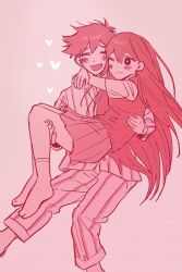  1boy 1girl :3 absurdres antenna_hair blush bright_pupils bu3hgg carrying closed_eyes closed_mouth collared_shirt double-parted_bangs heart hero_(headspace)_(omori) hero_(omori) highres long_sleeves looking_at_another mari_(headspace)_(omori) mari_(omori) monochrome omori one_eye_closed open_mouth pajamas pants pleated_skirt princess_carry red_theme shirt short_hair short_sleeves simple_background skirt smile socks striped_clothes striped_pajamas striped_pants sweater_vest vertical-striped_clothes vertical-striped_pajamas vertical-striped_pants 