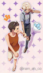  2boys ace_attorney aged_down apollo_justice apollo_justice:_ace_attorney black_shorts black_socks blue_eyes bow bowtie brown_eyes brown_hair brown_shoes flying_sweatdrops full_body grey_shirt klavier_gavin korean_commentary male_focus multiple_boys nam_eh_co notice_lines one_eye_closed outline pink_bow pink_bowtie purple_outline red_shirt sandals shirt shirt_tucked_in shoes shorts sleeveless sleeveless_shirt small_sweatdrop socks spoken_flying_sweatdrops suspenders twitter_username white_outline white_shorts 