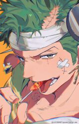  1boy candy commentary cosplay english_commentary food frankenstein's_monster frankenstein's_monster_(cosplay) green_eyes green_hair halloween halloween_costume highres holding holding_candy holding_food holding_lollipop lollipop lucis0407 male_focus multiple_scars object_through_head one_piece orange_background portrait roronoa_zoro scar scar_on_cheek scar_on_face scar_on_head screw_in_head short_hair solo tattoo teeth tongue tongue_out twitter_username 