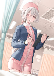  1girl bed blue_cardigan bow cardigan ceiling ceiling_light clipboard commentary_request cowboy_shot curtains dress grey_hair grin hair_bow hat highres holding holding_clipboard holding_pencil hospital hospital_bed indoors long_hair long_sleeves looking_at_viewer nurse nurse_cap open_cardigan open_clothes original pencil pink_bow pink_dress pink_hat ponytail short_dress smile solo temakizushi_(temakizushisand) violet_eyes 