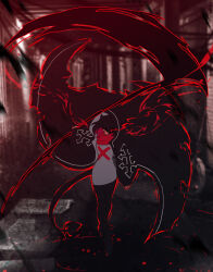  1girl arrow_print black_coat black_hair coat colored_inner_hair demon_tail faceless facing_viewer full_body graveweaver hair_horns holding holding_scythe hood hood_up i&#039;m_the_grim_reaper imminent_attack multicolored_hair red_scarf scarf scarlet_(i&#039;m_the_grim_reaper) scythe shirt short_hair solo tail walking_towards_viewer white_shirt wind wind_lift x_(symbol) 