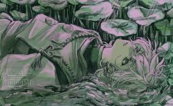  1boy bead_necklace beads earrings expressionless green_theme gunn0808 hanafuda_earrings hashtag-only_commentary heterochromia highres japanese_clothes jewelry kariginu looking_up lying male_focus monochrome murakumo_kagetsu murakumo_kagetsu_(1st_costume) necklace nijisanji on_back short_hair solo upper_body virtual_youtuber water watermark white_hair 