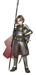  1girl absurdres arm_armor armor brown_gloves cape combat_helmet commentary commission english_commentary fang full_armor full_body gloves green_eyes helmet highres holding holding_polearm holding_unworn_helmet holding_weapon leg_armor lonelysound looking_at_viewer open_mouth original polearm red_cape sheath sheathed short_hair shoulder_armor simple_background smile solo spear standing sword teeth unworn_headwear unworn_helmet weapon white_background 