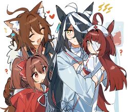  4girls ? agnes_tachyon_(umamusume) ahoge animal_costume animal_ear_fluff animal_ears bandage_over_one_eye bandaged_arm bandaged_head bandaged_wrist bandages big_bad_wolf big_bad_wolf_(cosplay) black_hair blunt_bangs blunt_ends blush breasts brown_hair capelet chemical_structure cloak closed_eyes closed_mouth cosplay daiwa_scarlet_(umamusume) ear_tag earrings emne fang fur_trim hair_between_eyes hair_intakes halloween halloween_costume hat heart holding hood hooded_capelet hooded_cloak hoodie horse_ears horse_girl horse_tail hospital_gown jewelry little_red_riding_hood_(fairy_tale_character) little_red_riding_hood_(fairy_tale_character)_(cosplay) long_bangs long_hair long_hair_between_eyes long_sleeves manhattan_cafe_(umamusume) medium_hair multicolored_hair multiple_girls nurse nurse_cap open_mouth red_capelet red_cloak red_desire_(umamusume) red_eyes red_hair red_hood red_hoodie shirt single_earring skin_fang smile tail twintails umamusume very_long_hair white_hair wolf_costume yellow_eyes 