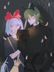  1boy 1girl animal_ears black_pants black_shirt blue_hair broom cat_ears commentary confetti english_commentary fake_animal_ears green_hair griseo hair_ribbon halloween halloween_costume highres holding holding_broom holding_phone honkai_(series) honkai_impact_3rd kosma long_hair looking_at_viewer orange_eyes pants phone pointy_ears red_ribbon ribbon shirt short_hair silk spider_web very_long_hair violet_eyes wratable 