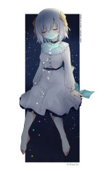  1girl ars_almal barefoot black_choker blue_ribbon breasts brooch buttons choker closed_eyes dress frilled_dress frilled_skirt frills highres invisible_chair jewelry large_ribbon light_smile long_sleeves medium_breasts nijisanji ribbon short_hair sitting skirt solo sparkle star_(sky) star_brooch starry_sky_background tatami_kami virtual_youtuber waist_ribbon white_dress white_hair 