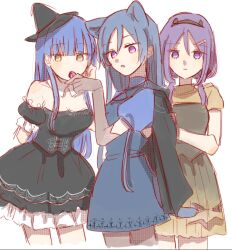  3girls adjusting_another&#039;s_clothes akashi_manaka animal_ears arms_behind_back assault_lily bare_shoulders black_cape black_dress black_hairband black_hat blue_eyes blue_hair blunt_bangs breasts candy cape cat_ears cat_girl cat_tail closed_mouth commentary cowboy_shot cropped_legs detached_collar detached_sleeves dress elbow_gloves fake_horns food food_in_mouth frilled_dress frilled_sleeves frills gloves gradient_clothes gradient_dress grey_gloves hair_between_eyes hair_ornament hairband hairclip halloween_costume hand_up hat highres holding holding_candy holding_food holding_lollipop horns kemonomimi_mode lollipop long_hair looking_at_another looking_at_viewer low_twintails medium_breasts mini_hat multiple_girls parted_lips puffy_detached_sleeves puffy_short_sleeves puffy_sleeves purple_hair rui_rui_rui0122 sharing_food short_sleeves sidelocks simple_background standing strapless strapless_dress tail taniguchi_hijiri tilted_headwear twintails two-tone_dress violet_eyes watanabe_akane white_background witch_hat yellow_dress yellow_eyes 