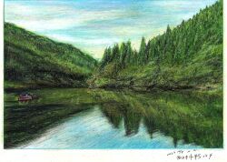  absurdres baden_hiroshi blue_sky boat border colored_pencil_(medium) commentary_request dated day forest highres lake making-of_available nature original outdoors reflection reflective_water scenery sky traditional_media water watercraft white_border 