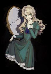  1girl ascot blonde_hair blue_ascot dress green_dress highres ib_(kouri) lace_trim long_hair looking_at_viewer mary_(ib) mirrored_text parted_hair picture_frame puffy_sleeves pulling_own_clothes sleeve_cuffs smile solo takenaka_(takenaka1111) 