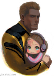  1boy 1girl 2012 :3 blonde_hair blue_eyes carrying carrying_person chuck_greene cleft_chin closed_mouth dated dead_rising dead_rising_2 english_commentary father_and_daughter frown headphones jaimito katey_greene long_sleeves looking_at_viewer ponytail racing_suit short_hair simple_background smile white_background 