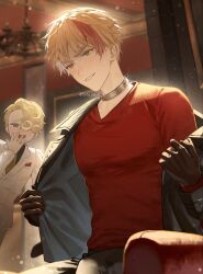  2boys 516iyn anger_vein annoyed artist_name axis_powers_hetalia black_choker black_eyes black_jacket black_pants black_shirt blonde_hair blurry blurry_background blush brown_gloves buttons chandelier choker collarbone collared_shirt couch english_commentary formal_clothes france_(hetalia) gloves green_eyes hair_over_one_eye hand_up handkerchief handkerchief_in_pocket hands_up highres indoors jacket lapels laughing long_sleeves looking_at_another looking_to_the_side male_focus multicolored_hair multiple_boys necktie official_alternate_costume official_alternate_hairstyle on_couch open_clothes open_jacket pants pectorals pocket_watch red_hair red_shirt shirt short_hair sitting smile solo_focus sparkle streaked_hair suit suit_jacket sweatdrop teeth united_kingdom_(hetalia) v-shaped_eyebrows watch white_jacket white_pants yellow_necktie 