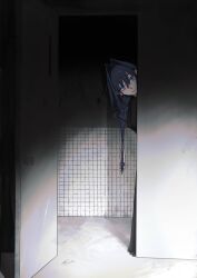  1girl absurdres black_dress black_hair blue_eyes braid closed_mouth dress hair_ribbon highres hololive hololive_english hunk_404 indoors long_hair looking_at_viewer official_alternate_costume official_alternate_hairstyle open_door ouro_kronii ouro_kronii_(maid) peeking ribbon smile solo virtual_youtuber white_ribbon 