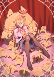  1girl akai_haato akai_haato_(1st_costume) black_pantyhose blonde_hair closed_eyes feet haaton_(akai_haato) hair_ornament hair_ribbon heart heart_hair_ornament highres hololive light_smile long_hair one_side_up pantyhose pig red_ribbon ribbon short_side_ponytail solo stuffed_animal stuffed_pig stuffed_toy thigh-highs very_long_hair virtual_youtuber zetsuental 