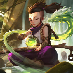  1girl boots brown_boots brown_hair character_request closed_eyes closed_mouth commentary crossed_legs dao_trong_le dragon energy_ball english_commentary eyelashes facial_mark forehead_mark glowing highres league_of_legends legends_of_runeterra lips moss official_art outdoors pants purple_pants rock rope shirt sidelocks sitting sleeveless sleeveless_shirt twintails undercut water waterfall white_shirt 