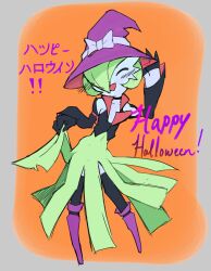  1girl ^_^ absurdres adjusting_clothes adjusting_headwear arm_up bare_shoulders bilingual_text black_gloves black_shirt black_thighhighs blush bob_cut boots border bow closed_eyes clothed_pokemon clothes_lift clothing_cutout collarbone colored_skin commentary covered_navel english_commentary english_text facing_viewer flat_chest flat_color gardevoir gloves green_hair green_skirt grey_border grey_bow hair_over_one_eye half_gloves halloween hand_up happy happy_halloween hat hat_bow highres jakkurai knee_boots lifting_own_clothes long_skirt long_sleeves mixed-language_text one_eye_covered open_mouth orange_background pokemon pokemon_(creature) purple_boots purple_hat shirt short_hair shoulder_cutout simple_background sketch skirt skirt_lift smile solo thigh-highs white_skin witch_hat 