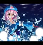  covering_mouth fan folding_fan glowing gochou_(comedia80) hat japanese_clothes letterboxed outstretched_arm pink_hair red_eyes saigyouji_yuyuko short_hair touhou 