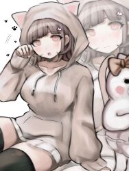  1girl :o black_thighhighs blush bow breasts brown_hair collarbone danganronpa_(series) danganronpa_2:_goodbye_despair ear_bow hair_ornament hand_up highres hood hoodie ikemen&#039;na_ore-shi long_sleeves looking_at_viewer medium_hair nanami_chiaki open_mouth pink_eyes pink_hoodie smile thigh-highs white_background 