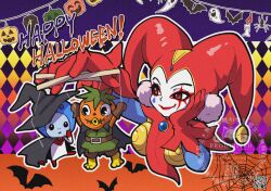  1girl 2boys alien armor artist_name bat_(animal) black_cape blue_sleeves brown_gloves cape chrono_cross earrings facepaint ghost gloves gold_armor green_tunic happy_halloween harle_(chrono_cross) hat hat_bell head_on_hand helmet jack-o&#039;-lantern jester_cap jewelry marionette multiple_boys pom_pom_(clothes) pom_pom_earrings puppet puppeteering red_eyes red_gloves red_hat red_lips shikiwo silk smile space_helmet spider_web starky_(chrono_cross) teardrop_facial_mark tunic turnip_(chrono_cross) upper_body witch_hat 