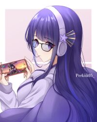  1girl absurdres alternate_costume alternate_universe artist_name blue_pupils blunt_bangs candy cellphone english_commentary fan_hair_ornament food food_in_mouth from_side game_screenshot genshin_impact glasses hair_down headphones highres holding holding_phone hood hood_down hoodie lollipop long_hair long_sleeves looking_at_viewer looking_to_the_side multicolored_hair perkiik05 phone playing_games purple_hair purple_hoodie raiden_shogun raiden_shogun_(2nd_anniversary) screenshot shade smartphone solo streaked_hair violet_eyes 