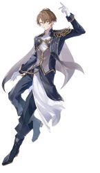  1boy aiguillette ankle_boots arm_up benichaaa blue_boots blue_pants blue_shirt boots brown_eyes brown_hair cape crossed_bangs earrings epaulettes full_body gloves gold_trim grey_cape grin hair_between_eyes half-skirt high_heel_boots high_heels highres idol_clothes jewelry kagami_hayato long_sleeves looking_at_viewer low_block_heels nijisanji nijisanji_idol_uniform overskirt pants shirt short_hair simple_background single_epaulette sleeve_cuffs smile solo virtual_youtuber white_background white_gloves white_overskirt 