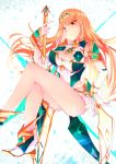  1girl absurdres bangs bare_legs blonde_hair breasts cleavage_cutout commentary_request crossed_legs detached_sleeves dress eyebrows_visible_through_hair eyelashes gloves hair_spread_out hand_on_hip head_tilt high_heels highres mythra_(xenoblade) hip_vent holding holding_sword holding_weapon invisible_chair jewelry large_breasts legs long_hair looking_at_viewer pleated_dress risumi_(taka-fallcherryblossom) shoulder_armor sidelocks sitting smile solo swept_bangs sword weapon white_gloves xenoblade_(series) xenoblade_2 yellow_eyes 