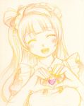  1girl ^_^ apron bangs blush closed_eyes colored_pencil_(medium) eyebrows_visible_through_hair heart heart_hands kuratsuka_riko long_hair love_live! love_live!_sunshine!! maid_headdress minami_kotori one_side_up smile solo traditional_media 