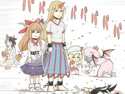  6+girls :i :t animal_ears asutora bangs bare_arms bare_shoulders barefoot bat_wings belt black_belt black_eyes black_hair blonde_hair blue_hair blue_skirt blunt_bangs bow breasts brown_hair chain commentary_request cow_ears cow_horns cuffs dress eating flandre_scarlet grey_hair hair_bow haori hat height_difference holding horn horn_ribbon horns hoshiguma_yuugi ibuki_suika japanese_clothes kijin_seija kneeling long_hair low-tied_long_hair lying medium_breasts miniskirt mob_cap multicolored_hair multiple_girls no_shoes oni oni_horns pink_dress pink_headwear puffy_short_sleeves puffy_sleeves purple_ribbon purple_skirt red_bow red_skirt red_vest remilia_scarlet ribbon setsubun shackles shirt short_hair short_sleeves siblings sisters sitting skirt skirt_set sleeveless sleeveless_shirt socks standing streaked_hair striped touhou two-tone_hair ushizaki_urumi vertical-striped_skirt vertical_stripes very_long_hair vest wariza white_background white_hair white_headwear white_legwear white_shirt wings wrist_cuffs 