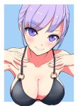  1girl bare_shoulders bikini black_bikini blue_background blush breasts closed_mouth eyebrows_visible_through_hair head_tilt hi_iro large_breasts looking_at_viewer o-ring o-ring_bikini o-ring_top original purple_hair simple_background smile solo swimsuit upper_body violet_eyes 