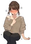  1girl ? black_legwear blush brown_hair closed_eyes heavy_breathing highres off_shoulder office_lady_(yomu_(sgt_epper)) open_mouth original pantyhose simple_background sitting solo spoken_question_mark sweat sweater white_background yomu_(sgt_epper) 