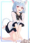 1girl :d animal animal_ear_fluff animal_ears bangs barefoot black_bow black_sailor_collar black_skirt blue_background blue_hair blurry blurry_foreground bow cat_ears cat_girl cat_tail commentary crossed_arms depth_of_field dress_shirt eyebrows_visible_through_hair fang h2o_(dfo) highres looking_at_viewer open_mouth original pleated_skirt red_eyes sailor_collar school_uniform serafuku shirt short_sleeves skirt smile solo striped striped_bow tail two-tone_background white_background white_shirt 
