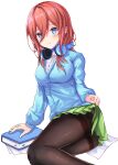  1girl :t absurdres black_legwear blue_eyes blue_sweater book breasts cardigan commentary_request go-toubun_no_hanayome green_skirt hair_between_eyes headphones headphones_around_neck highres large_breasts looking_at_viewer nakano_miku neon_(hhs9444) pantyhose pout redhead sitting skirt sweater white_background yokozuwari 