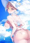  1girl artoria_pendragon_(all) artoria_pendragon_(swimsuit_ruler)_(fate) ass bangs beach blonde_hair breasts clouds fate/grand_order fate_(series) green_eyes hat highres kanola_u large_breasts looking_at_viewer looking_back parted_lips short_hair sky smile solo sun_hat swimsuit white_swimsuit 