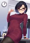  1girl black-framed_eyewear black_hair blinds blurry blush bob_cut breasts brown_eyes clock commentary_request computer cup depth_of_field dress food glasses highres jewelry kagematsuri leaning_on_object long_sleeves mole mole_under_mouth monitor mug necklace original pantyhose pocky red_dress smile solo steam sweater sweater_dress taut_clothes taut_dress turtleneck_dress watch 